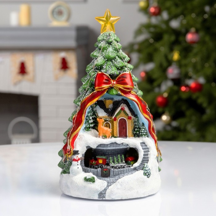 Светодиодная фигура &laquo;Поезд и оленёнок&raquo; 26 &times; 14 &times; 14 см, полистоун, батарейки АААх2 (не в комплекте), свечение мульти