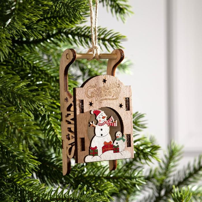 Ёлочная игрушка &laquo;Сани со снеговиком&raquo;, от батареек, свечение RGB