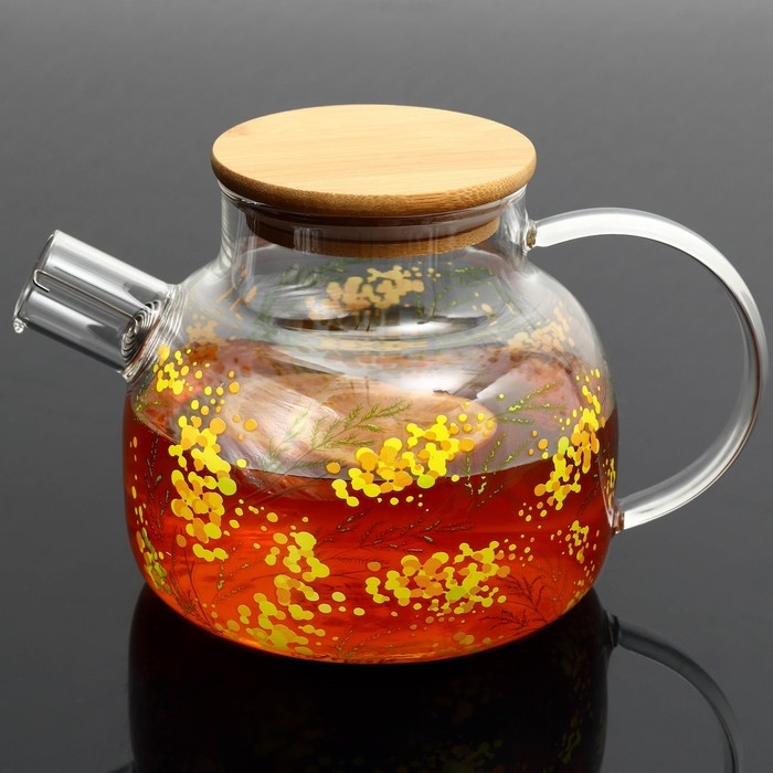 Чайник стеклянный заварочный с бамбуковой крышкой &laquo;Нежная мимоза&raquo;, 1000 мл