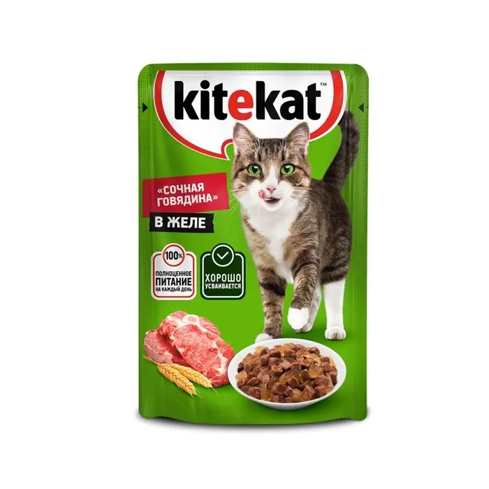 Влажный корм Kitekat для кошек, говядина в желе, пауч, 85 г