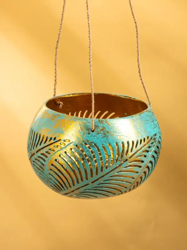 Подсвечник подвесной из кокоса, 10-13 см, бирюзово-золотой