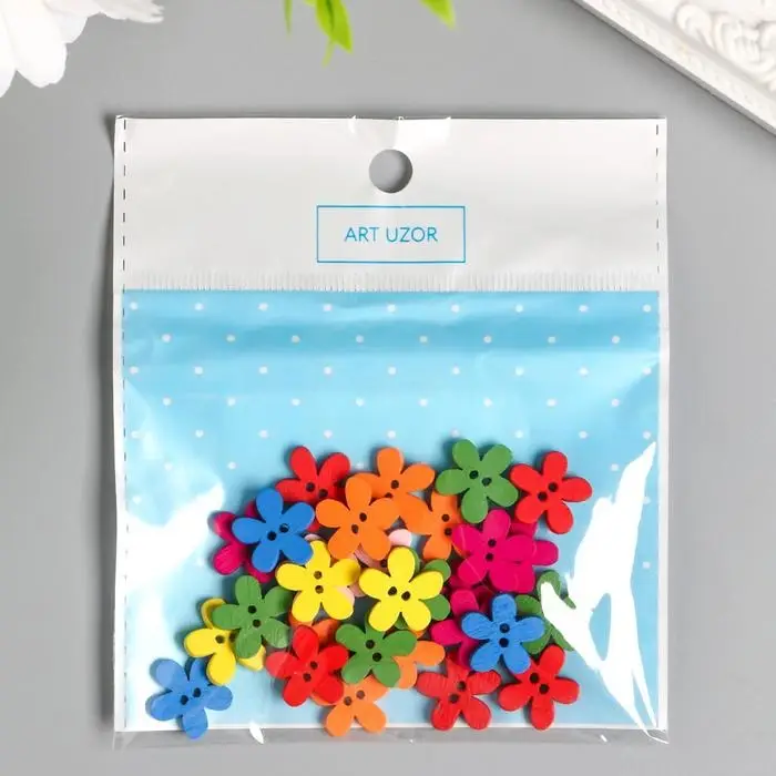 Набор пуговиц декоративных дерево "Яркие цветочки" (набор 30 шт) МИКС 1,5х1,5 см