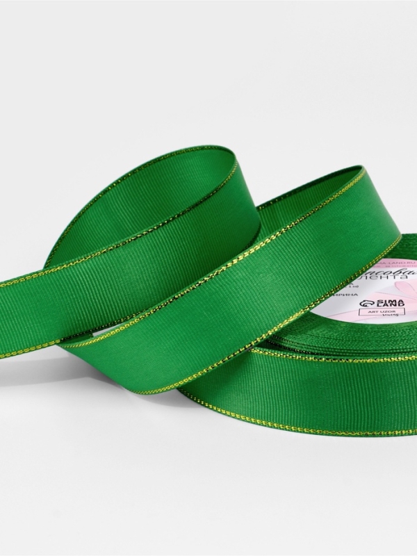 Лента репсовая 25мм*25&plusmn;1ярд(23м&plusmn;1м) золотые нити №019 зелёный АУ