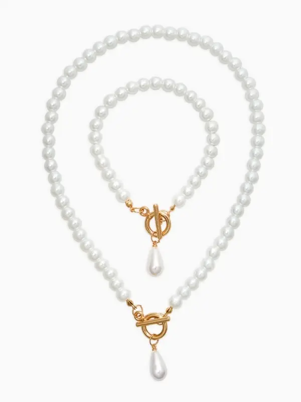 Набор 2 пред-та: бусы.браслет "Жемчуг", капелька, цвет белый в золоте L=18/42см №8