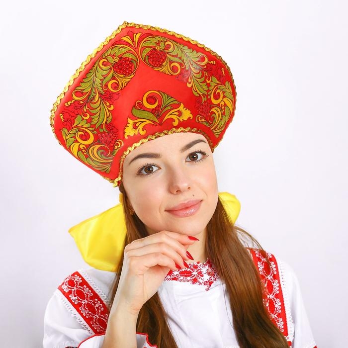 Кокошник &laquo;Гроздья рябины на красном&raquo;, атлас, поролон