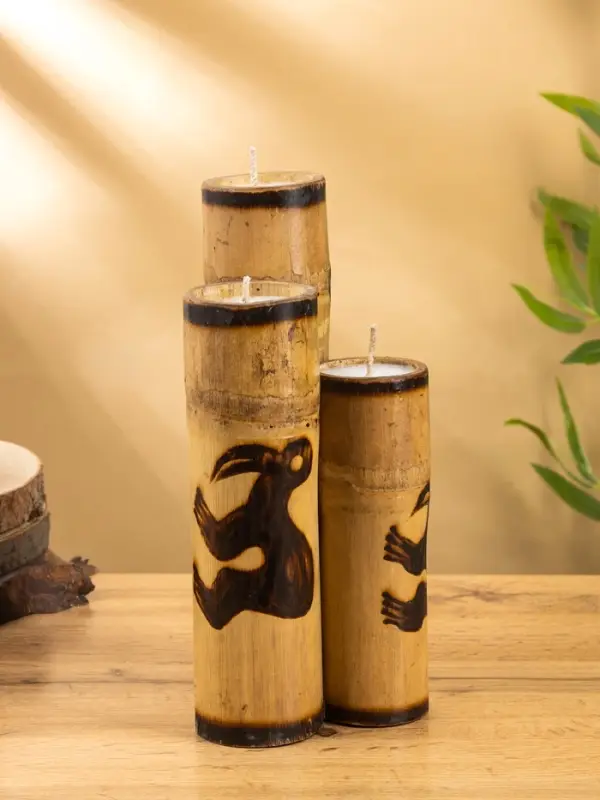 Свеча в бамбуке тройная &laquo;Птица&raquo;, 14&times;14&times;30 см, 100 мл, бежевая