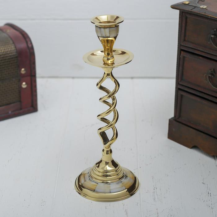 Подсвечник с перламутром "Виражи" на 1 свечу, латунь 7,5х7,5х20,5 см