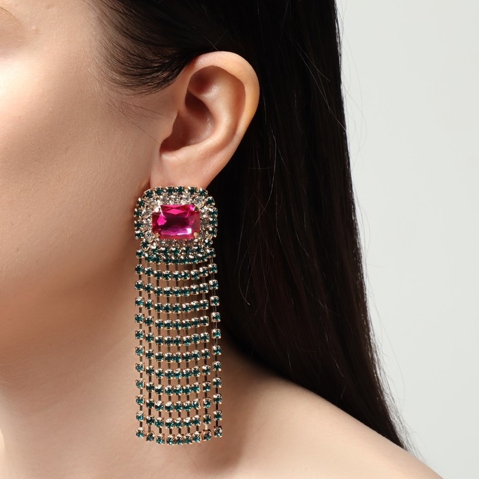 Серьги висячие со стразами «Бурлеск» водопад, цветные в золоте,10 см Серьги висячие со стразами «Бурлеск» водопад, цветные в золоте,10 см