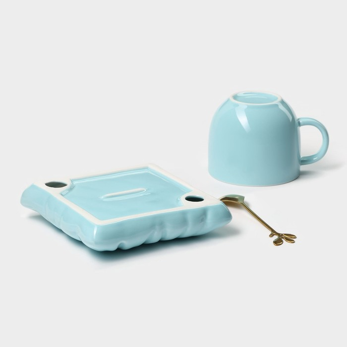 Чайная пара керамическая с ложкой &laquo;Зефирка&raquo;, 2 предмета: чашка 250 мл, блюдце d=13 см, цвет голубой