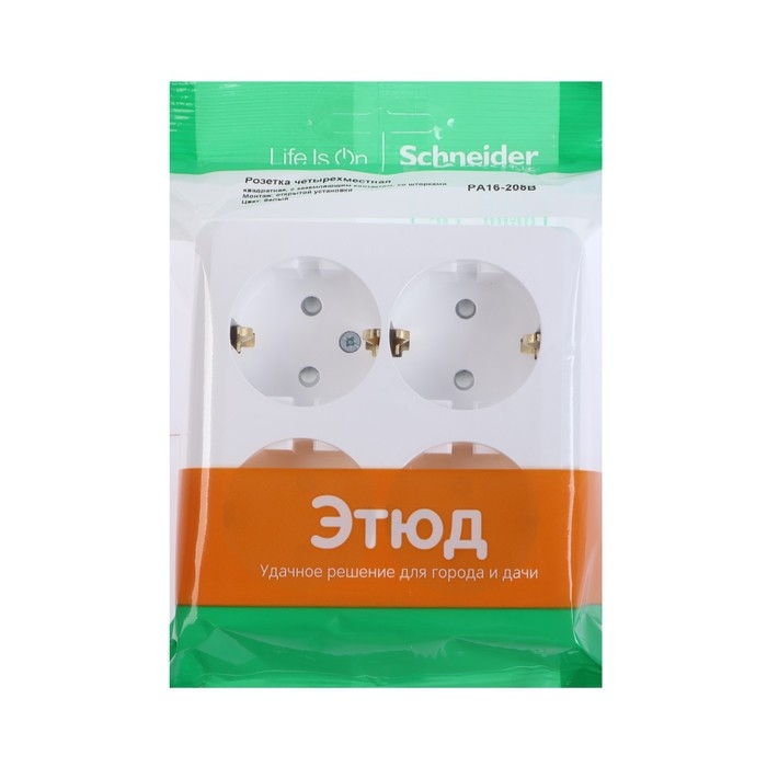 Розетка четверная SE Розетка четверная SE "Этюд", 16 А, 250 В, накладная, с з/к, шторки, IP20, белая, PA16-208B
