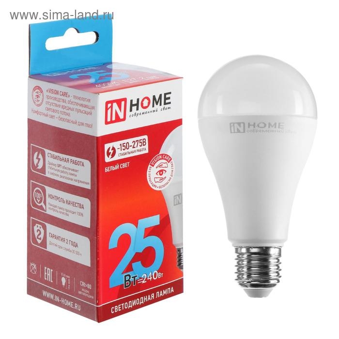 Лампа светодиодная IN HOME LED-A65-VC, Е27, 25 Вт, 230 В, 4000 К, 2250 Лм Лампа светодиодная IN HOME LED-A65-VC, Е27, 25 Вт, 230 В, 4000 К, 2250 Лм