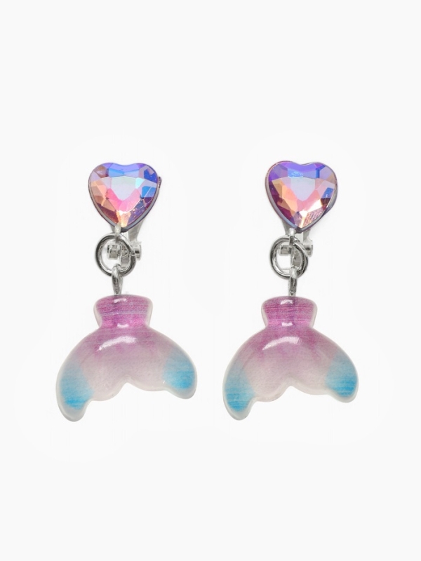 Серьги-клипсы детские "Выбражулька" хвост русалки с сердцем кристалл, цветные