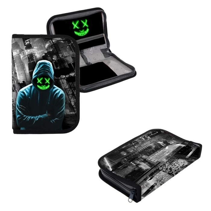 Пенал 1 секция 140 х 210 х 40 мм, откидной карман и косметичка, тканевый, Calligrata TOP Content "Маска"