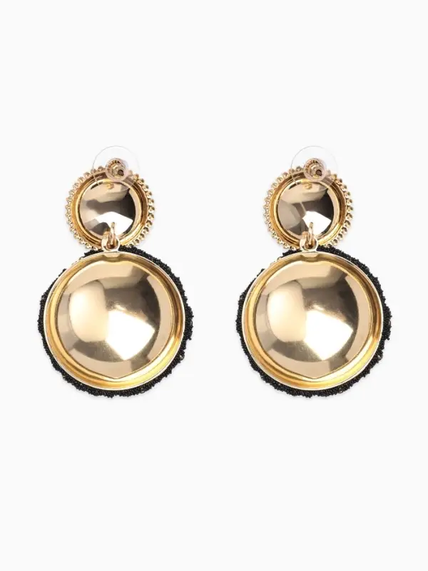 Серьги "Сияние вечера" круг двойной, цвет чёрный в золоте