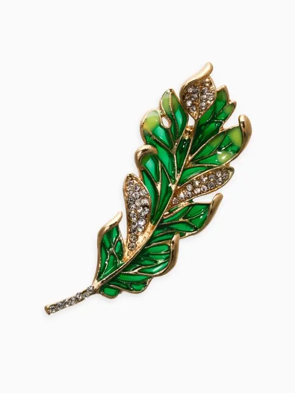 Брошь "Перо" прозрачное, цвет зелёно-белый в золоте