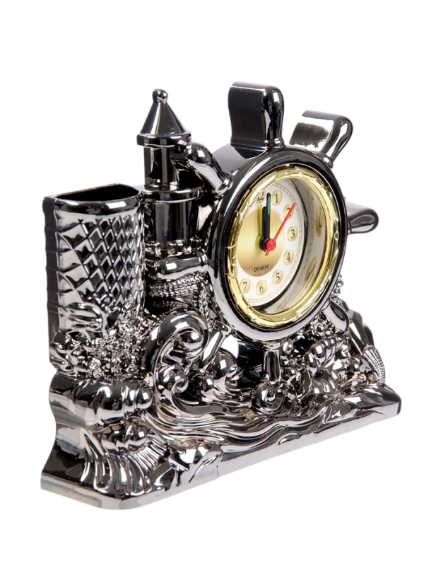 Часы настольные - органайзер для канцелярии будильник &laquo;Штурвал&raquo;, 14&times;17&times;4 см