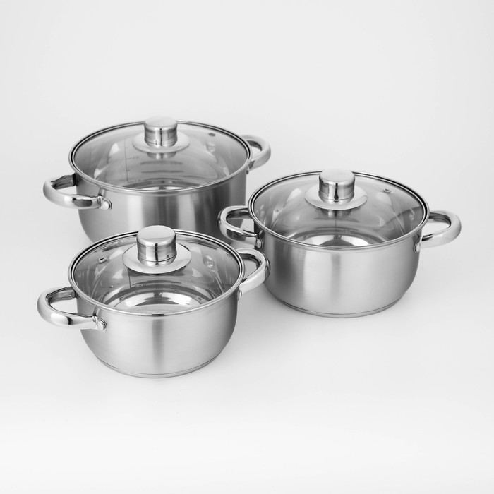 Набор кастрюль из нержавеющей стали Доляна &laquo;Гретте&raquo;, 3 предмета: 1,6 л, 2,3 л, 3,2 л, крышки