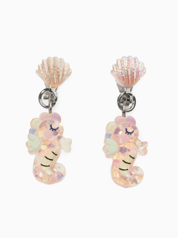 Серьги-клипсы детские "Выбражулька" морской конек с ракушкой перламутр, цвет розово-белый