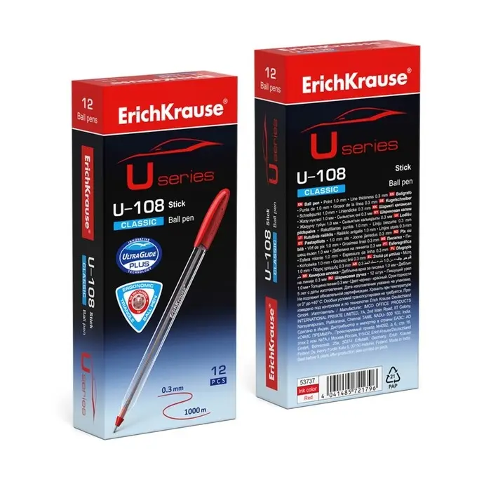 Ручка шариковая ErichKrause U-108 Classic Stick, узел 1.0 мм, чернила красные, супермягкое письмо, длина линии письма 1000 метров