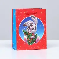 Пакет подарочный "Зайчик с ёлкой" , 11,5 х 14,5 х 6,5 см.