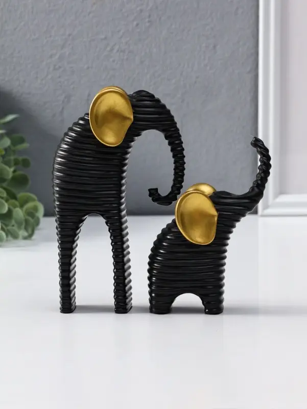Сувенир полистоун "Слон со слонёнком. Гофре" чёрный с золотом набор 2 шт 5,5х16,5х16,5 см
