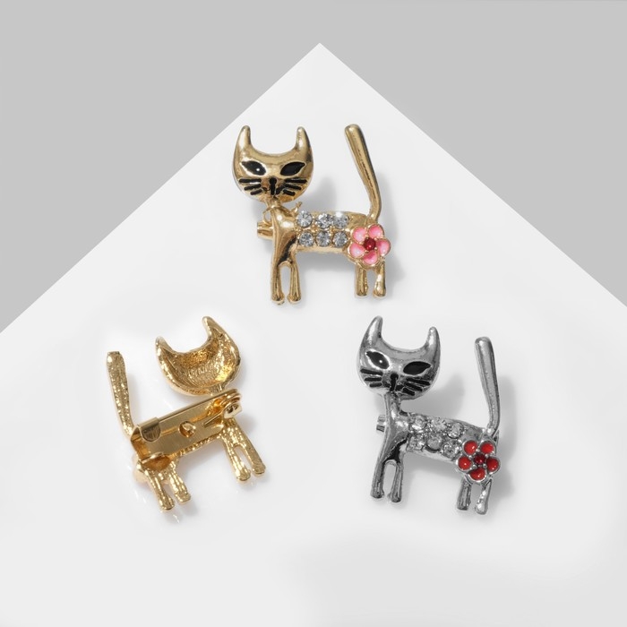 Брошь &laquo;Кошечка&raquo; с цветком, цвет МИКС (неделимая фасовка 12 шт., цена за шт.)