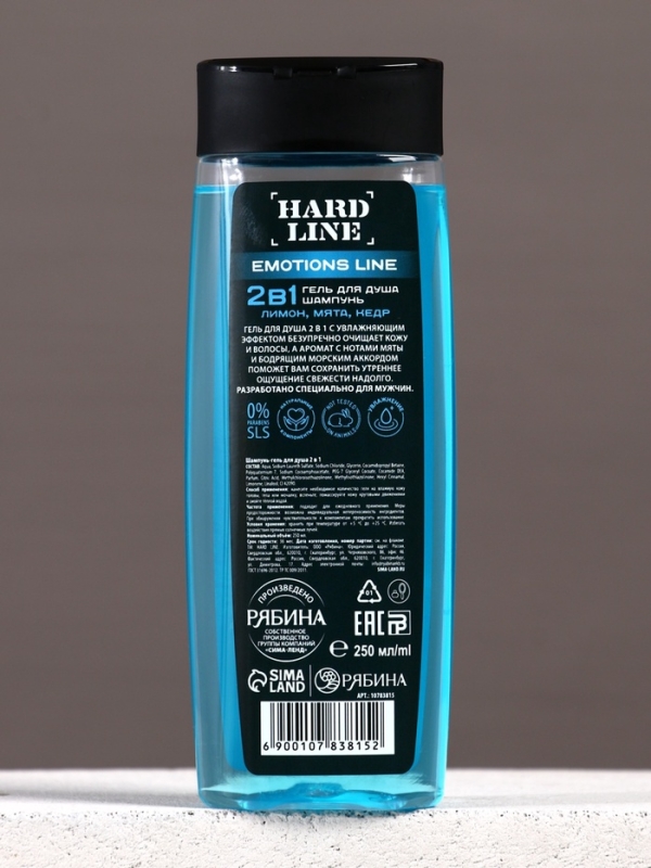 Гель для душа и шампунь увлажняющий 2 в 1 &laquo;Сила водопада&raquo;, 250 мл, аромат лимона, мяты и кедра, HARD LINE