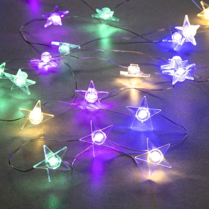Гирлянда &laquo;Нить&raquo; 2 м роса с насадками &laquo;Звезда&raquo;, IP20, серебристая нить, 20 LED, 2 режима, батарейки ААх2 (нет в комплекте), свечение мульти