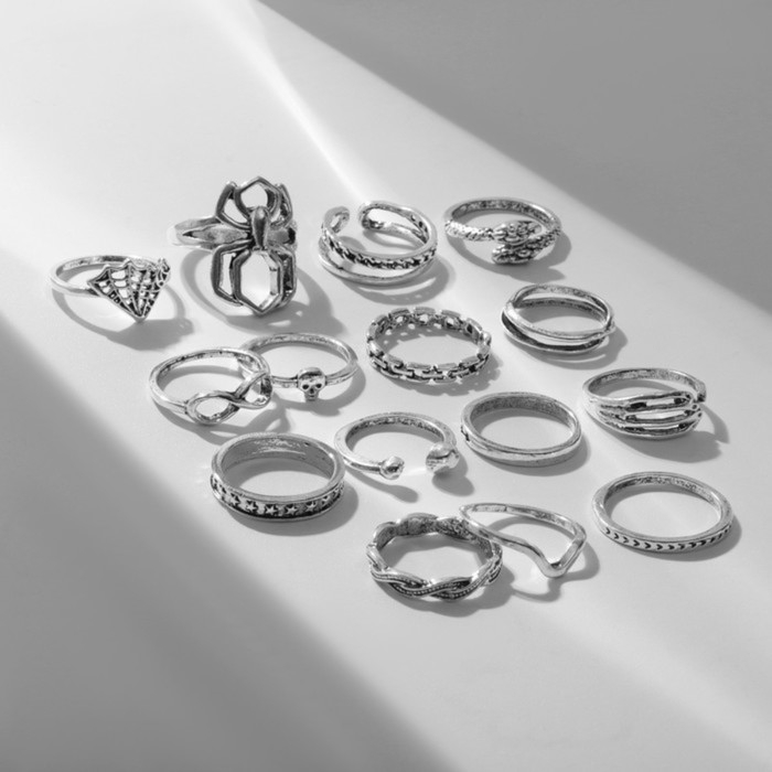 Набор колец 15 штук «Ассорти» паук, паутина, размер МИКС, цвет чернёное серебро Набор колец 15 штук «Ассорти» паук, паутина, размер МИКС, цвет чернёное серебро