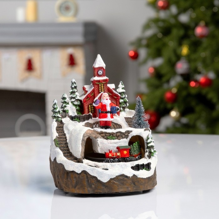 Светодиодная фигура &laquo;Поезд и Дед Мороз&raquo; 16 &times; 10 &times; 12 см, полистоун, батарейки АААх2 (не в комплекте), USB, свечение тёплое белое