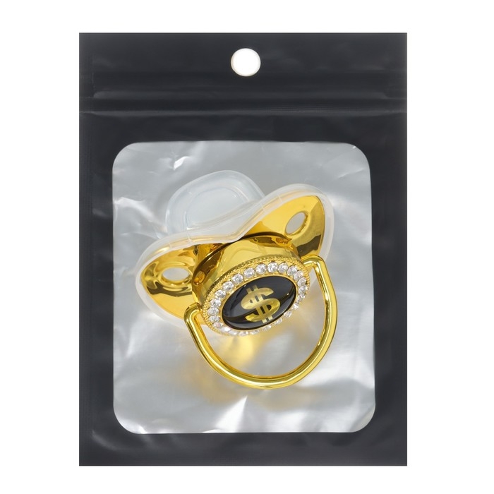 Соска - пустышка силиконовая ортодонтическая &laquo;Доллар&raquo;, от 12 мес., с колпачком, цвет золотой/черный, стразы