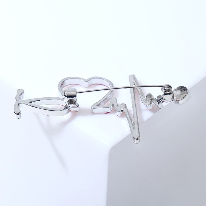 Брошь &laquo;Стетоскоп&raquo; кардиограмма, цвет красный в серебре