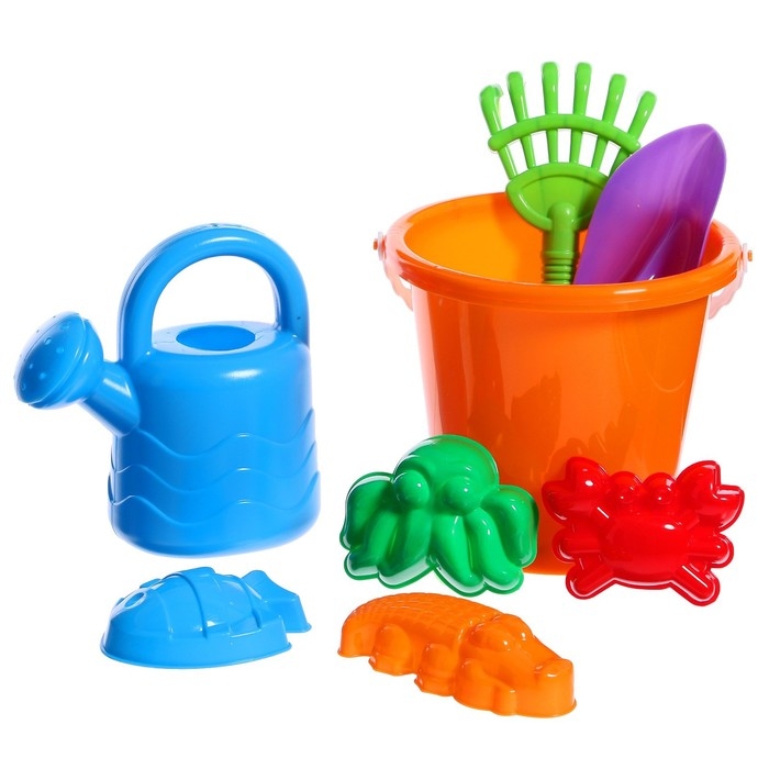 Набор для игры в песке №32: ведро большое, совок, грабли, 4 формочки, лейка