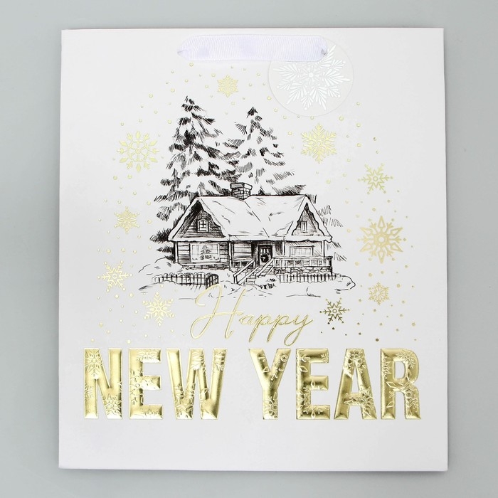 Пакет подарочный новогодний ламинированный вертикальный, конгревное тиснение &laquo;Новогодний домик&raquo;, ML 23 х 27 х 11.5 см, Новый год