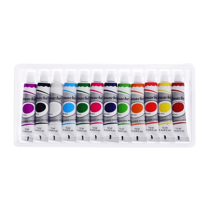 Краски гуашь, 12 цветов, в пластиковой тубе, 12 мл, в картонной коробке