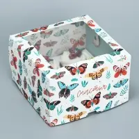 Коробка для капкейков, кондитерская упаковка двухсторонняя, 4 ячейки &laquo;Бабочки&raquo;, 16 х 16 х 10 см