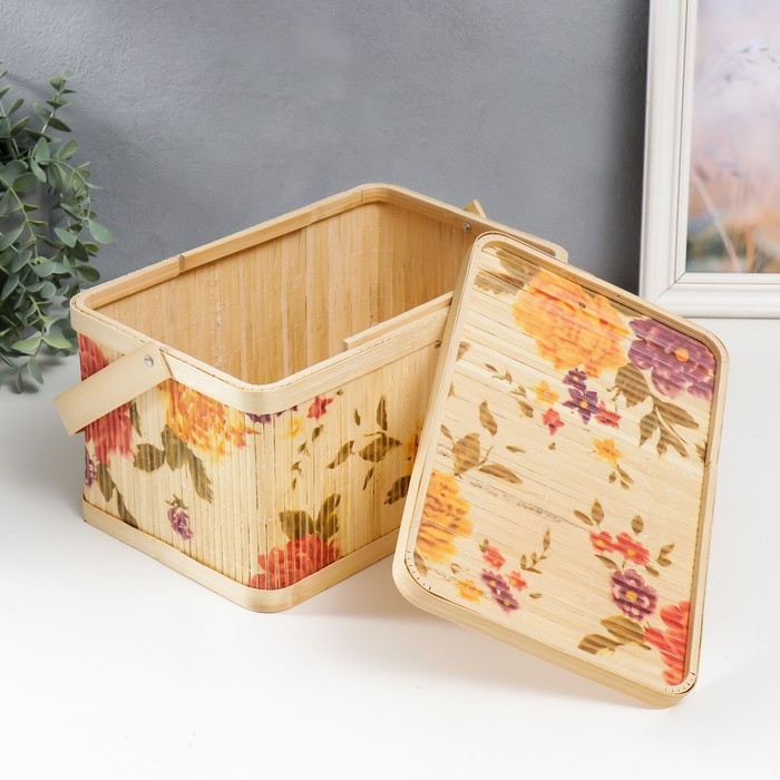 Шкатулка бамбук "Сад с пионами" прямоугольная, с ручками 16х18х28 см