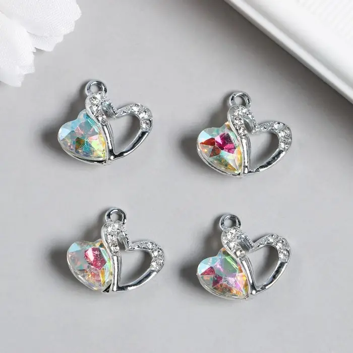 Металлический элемент, декоративная подвеска &laquo;Арт Узор. Двойное сердце&raquo;, стразы, серебро, 1.7&times;1.8 см