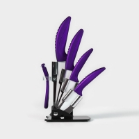 Набор кухонный «Изгиб», 5 предметов: ножи 7,5 см, 10 см, 13 см, 15 см, овощечистка, на подставке, цвет фиолетовый Набор кухонный «Изгиб», 5 предметов: ножи 7,5 см, 10 см, 13 см, 15 см, овощечистка, на подставке, цвет фиолетовый
