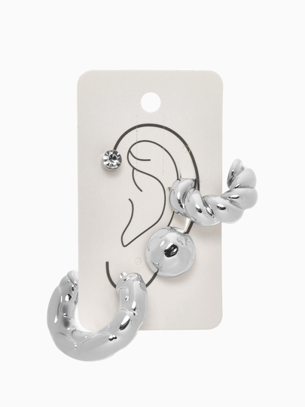 Набор серьги и каффы 4 шт &laquo;Мятые&raquo; переплетение, цвет серебро