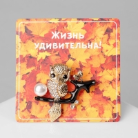 Брошь &laquo;Филин&raquo; на ветке, цвет чёрно-белый в жёлтом золоте