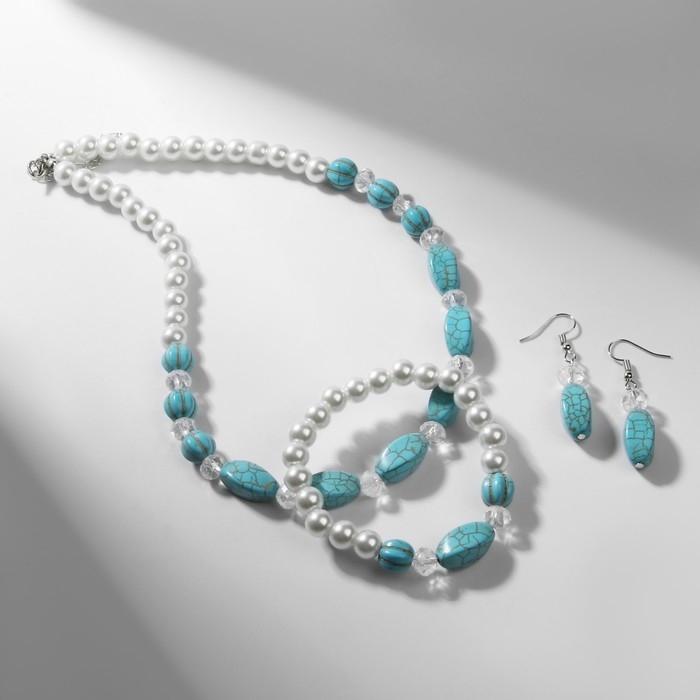 Набор 3 предмета: серьги, бусы, браслет &laquo;Натурель&raquo;, бусины №8, цвет бело-голубой, 42 см