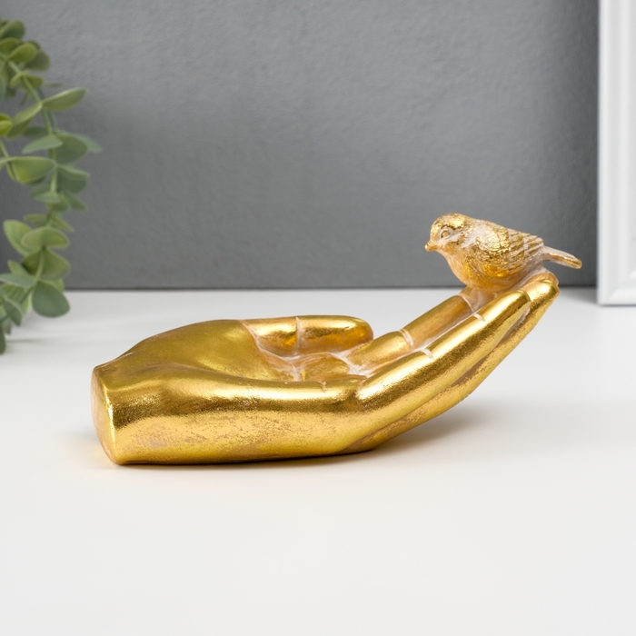 Подставка интерьерная полистоун Подставка интерьерная полистоун "Птичка на ладони" золото 19,5х9,3х9,5 см