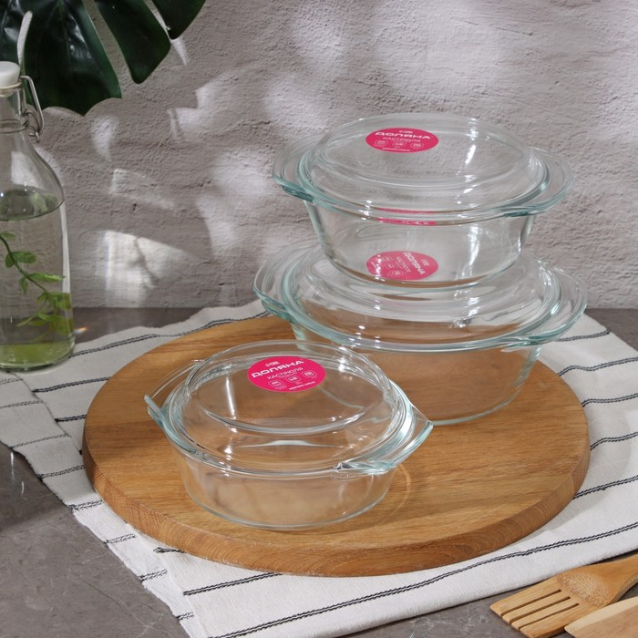 Набор кастрюль из жаропрочного стекла для запекания Доляна &laquo;Гратен&raquo;, 3 предмета: 0,7 л, 1 л, 1,5 л, с крышками