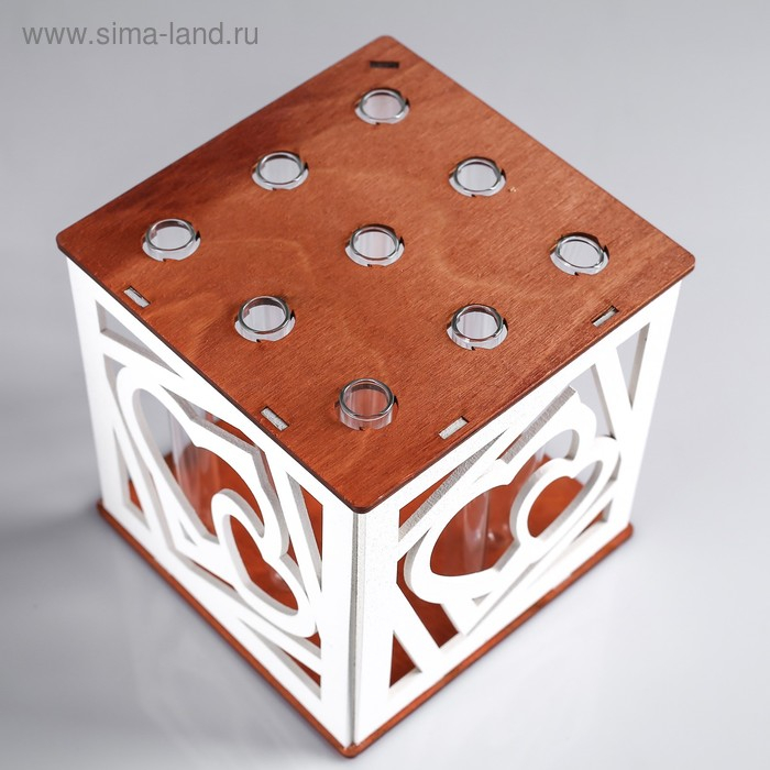 Кашпо деревянное 15×15×15 см с 9 колбами Кашпо деревянное 15×15×15 см с 9 колбами "Два сердца", морёный белый Дарим Красиво