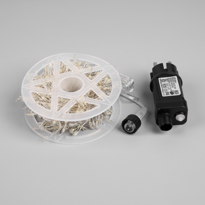 Гирлянда &laquo;Мишура&raquo; 20 м роса, IP44, серебристая нить, 600 LED, 8 режимов, свечение тёплое белое, 18 В