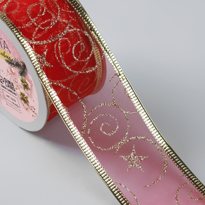 Новый год! Лента капроновая с металлической нитью &laquo;Вензеля&raquo;, 38 мм &times; 2,7 &plusmn; 0,5 м, цвет красный/золотой