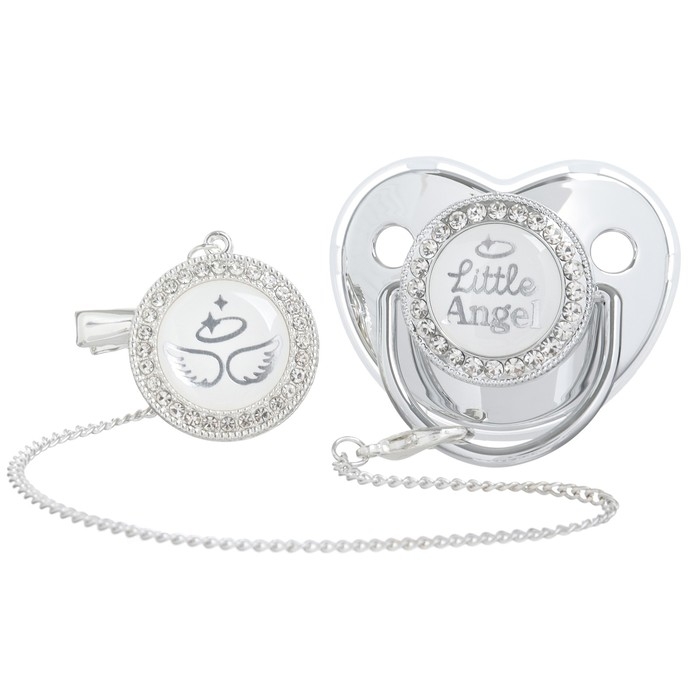 Соска - пустышка силиконовая ортодонтическая &laquo;LITTLE ANGEL&raquo;, от 6 мес., с колпачком + держатель - цепочка, цвет серебренный, стразы