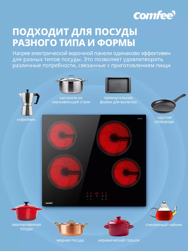 Электрическая варочная панель CEH601, 4 конфорки, boost