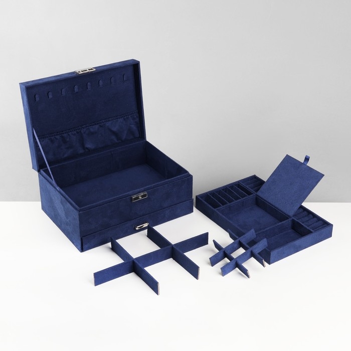 Подставка для украшений &laquo;Шкатулка&raquo; 2-х уровневая, флок, 24,5&times;17&times;12 см, цвет синий